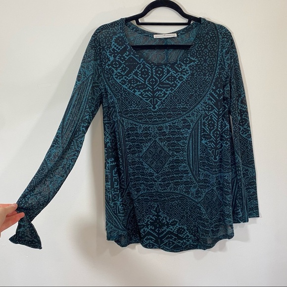 Peruvian Connection Balinese Burnout Long Sleeve Semi Sheer Print Blue XS / S - Picture 2 of 7